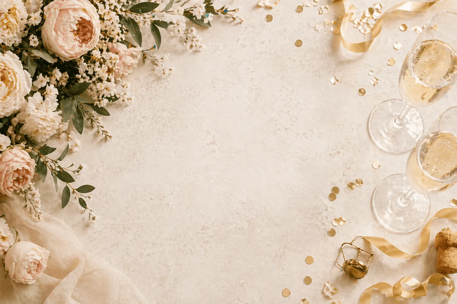Celebratory flat lay with blush roses,  champagne,  gold ribbon and confetti,  set on a textured beige surface