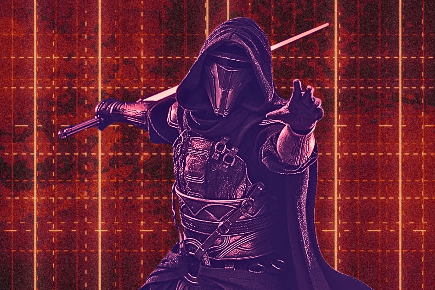 Darth Revan posing with his lightsaber behind him while reaching out a gloved hand in front of him. He is wearing a trademark mask, covered in a purple tint, and in front of a red geometric bacgkround.