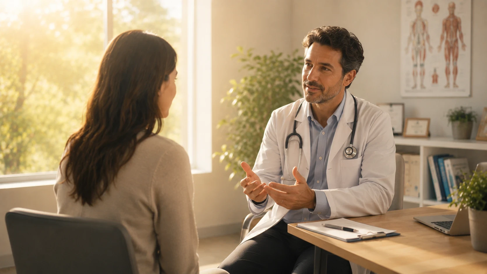 A doctor speaking with a patient in a medical office.