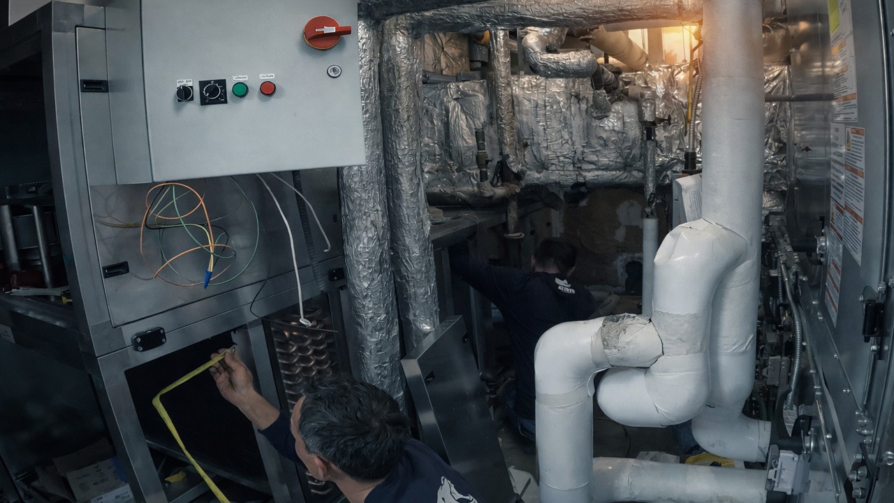 HVAC retrofit technicians servicing air handling equipment in a tight mechanical room with insulated piping and performance-critical systems