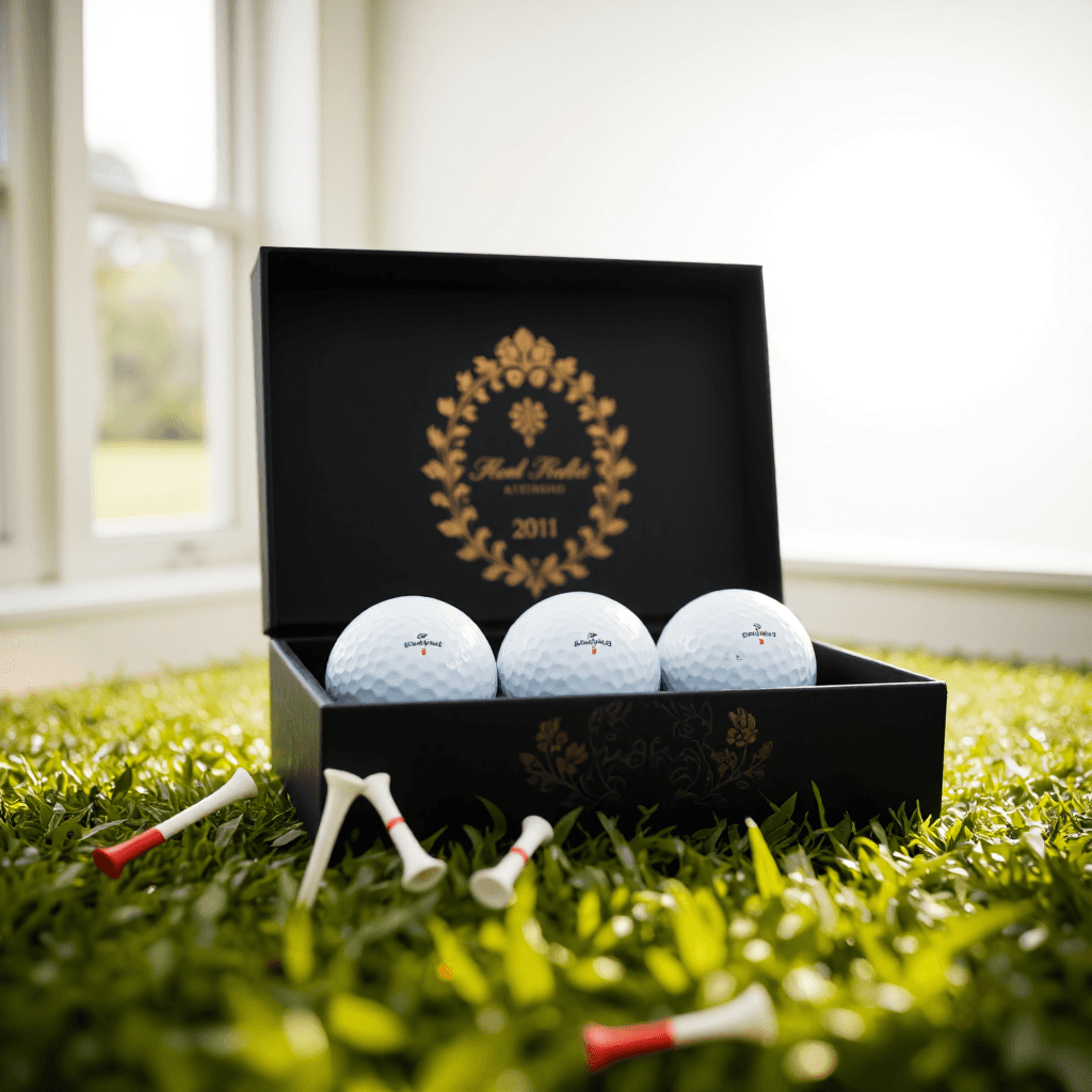 product photography of a box of golf balls with a decorative design