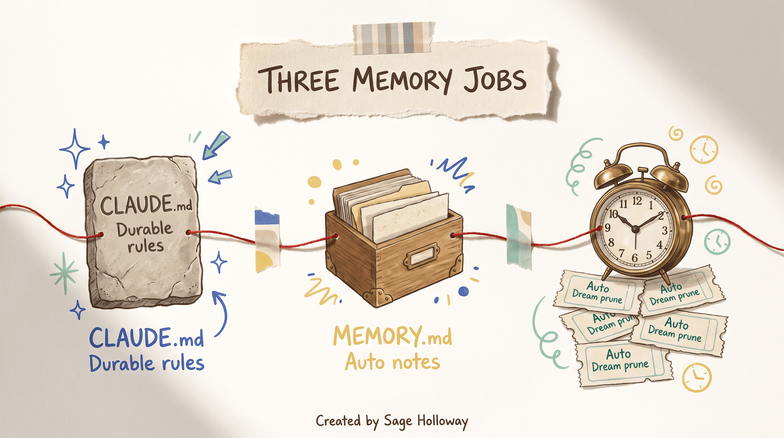 Scrapbook diagram of Claude Code memory layers showing CLAUDE.md, auto MEMORY.md, and Auto Dream consolidation