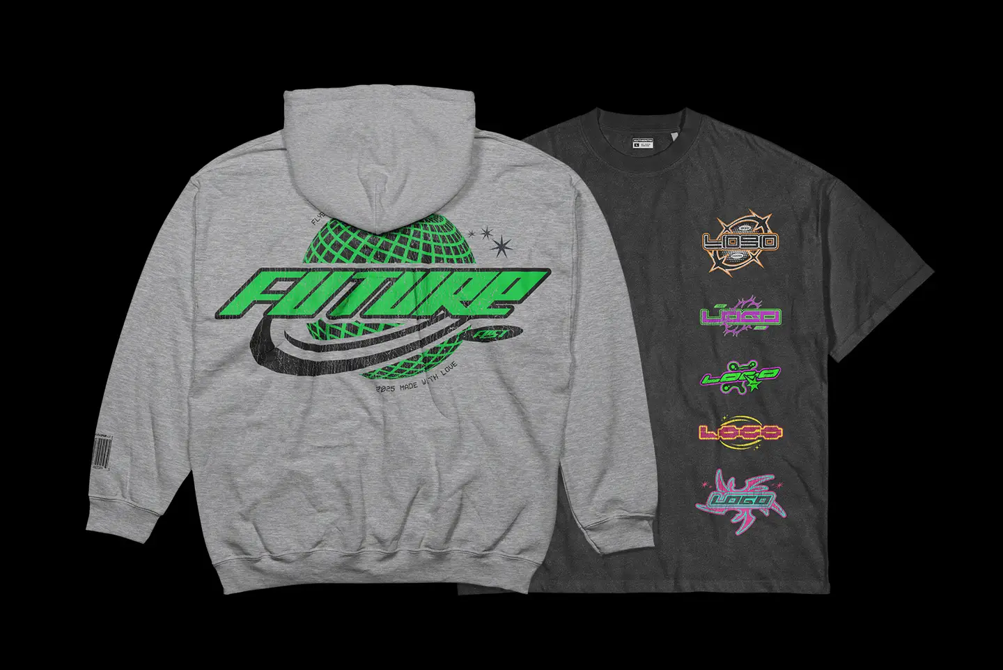 Y2K logotype bundle templates applied to a grey hoodie and black t-shirt for streetwear branding
