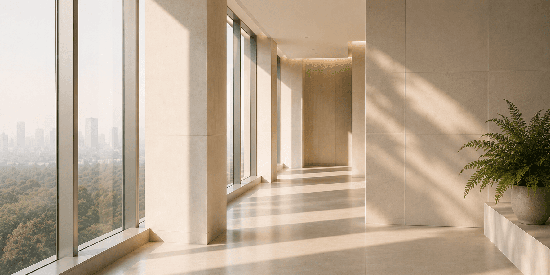 Bright office corridor representing structured reporting transformation and the implementation of new financial and sustainability reporting requirements.