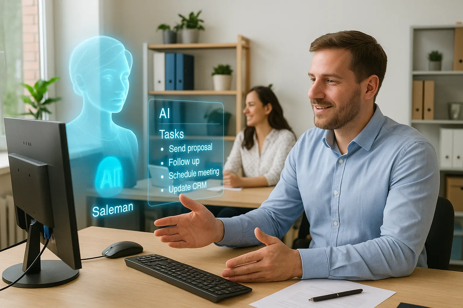 Een klein kantoor waar een verkoopmedewerker praat met een holografische AI-assistent die taken toont op een virtueel scherm, terwijl collega’s ontspannen overleggen omdat routinewerk al is uitgevoerd.