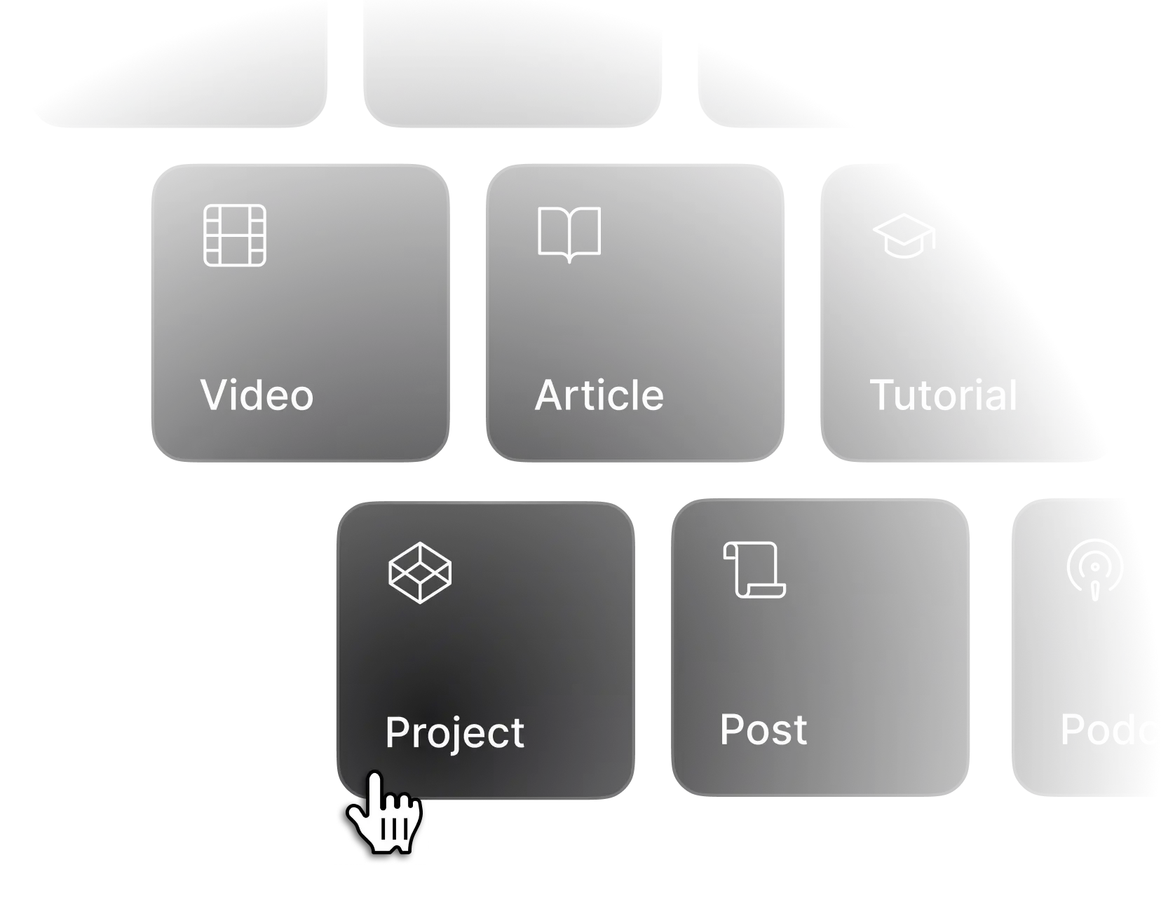 A dark-themed keyboard interface with selectable options, including "Video," "Article," "Project," and "Post." A cursor is hovering over "Project