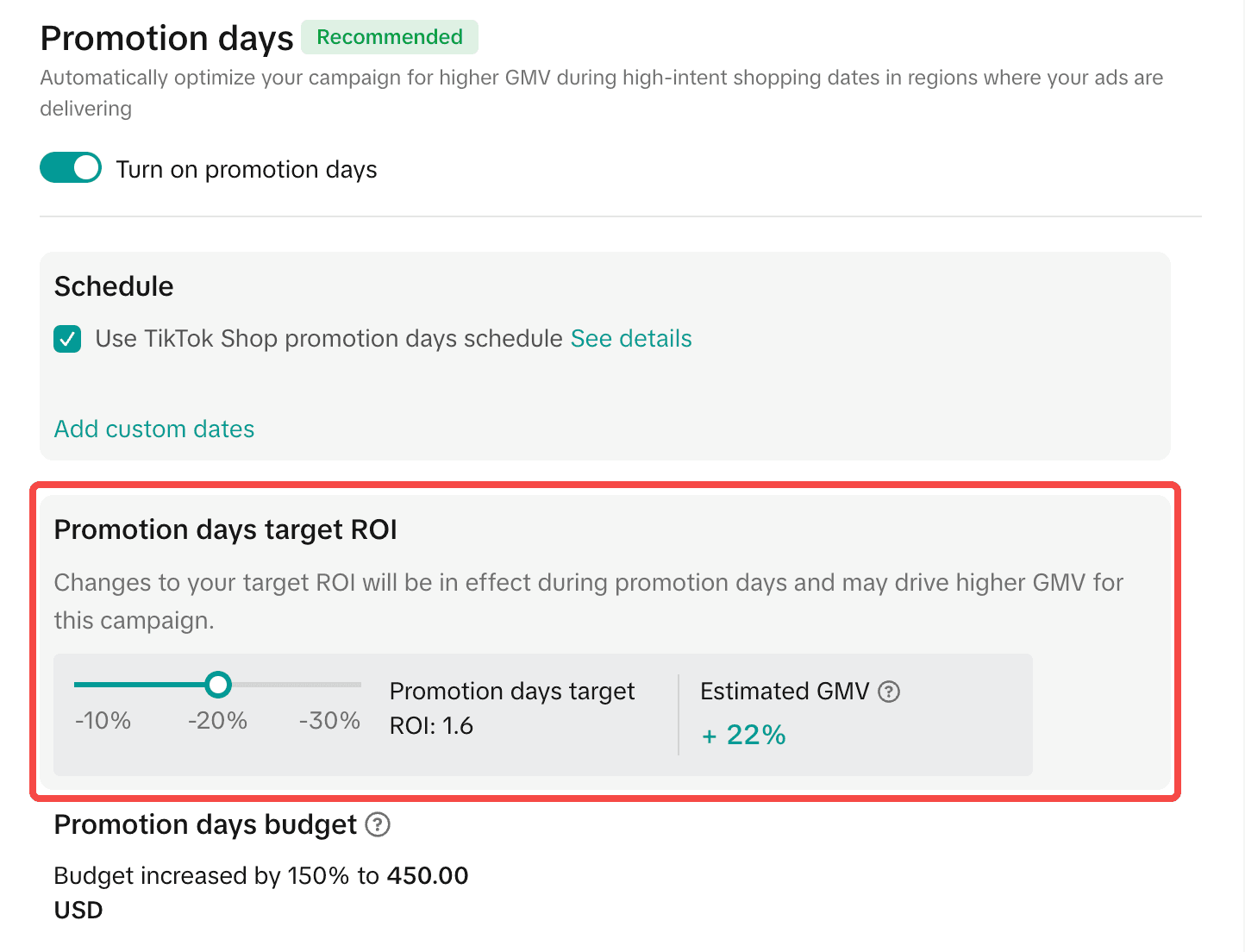 ROI & promotion days mode setup