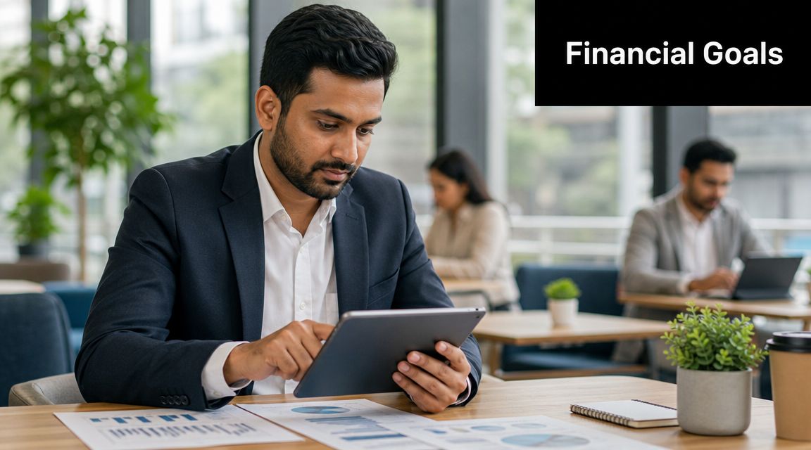 A professional man in a business suit reviewing financial charts and data on a tablet in an office.