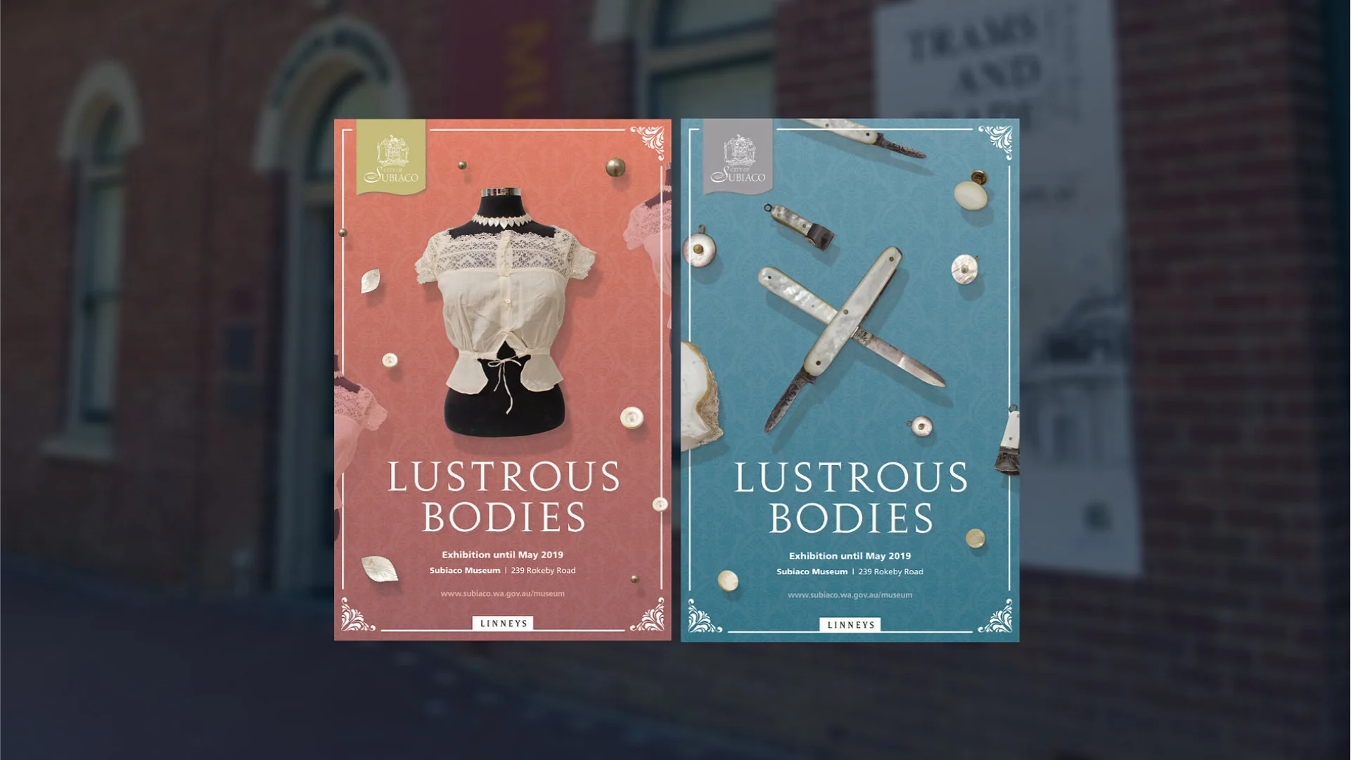Elegant exhibition poster design for Subiaco Museum, featuring the 'Lustrous Bodies' exhibition branding created by Andrew Salfinger for Made by Campfire.