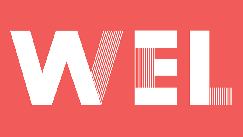 A white text logo on a red background with letters WEL.