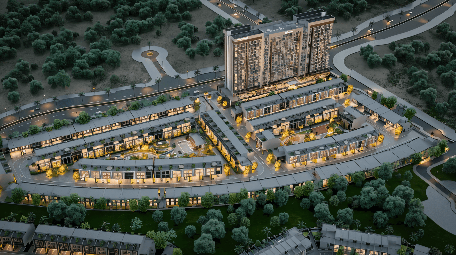Conceptual artwork depicting a new apartment complex in Dubai, featuring contemporary design and lush landscaping.