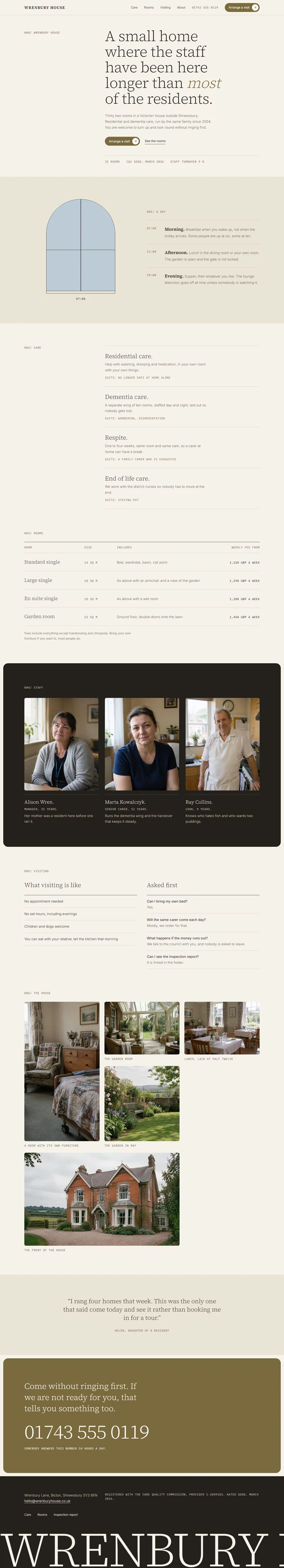 Full page of an AI-generated care home website with a serif statement hero, a scroll lit window showing a day in the home, a list of care types, a ruled room fees table, staff portraits on a dark panel, visiting questions, a photo grid of the house, a family quote, an olive call panel and a large wordmark footer