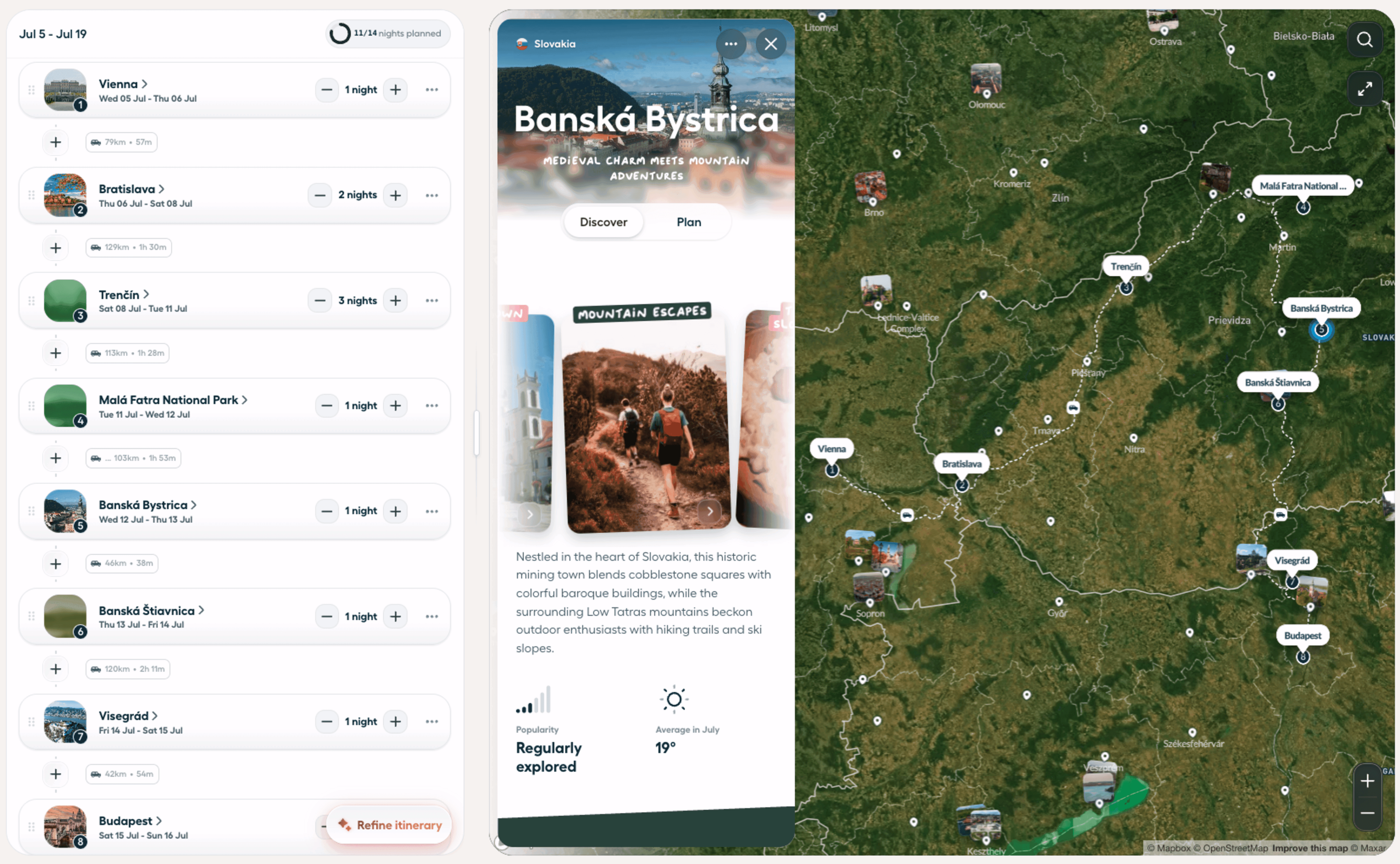 Polarsteps Trip Planner mapping a route through Slovakia and Hungary, with destination recommendations and an interactive map.