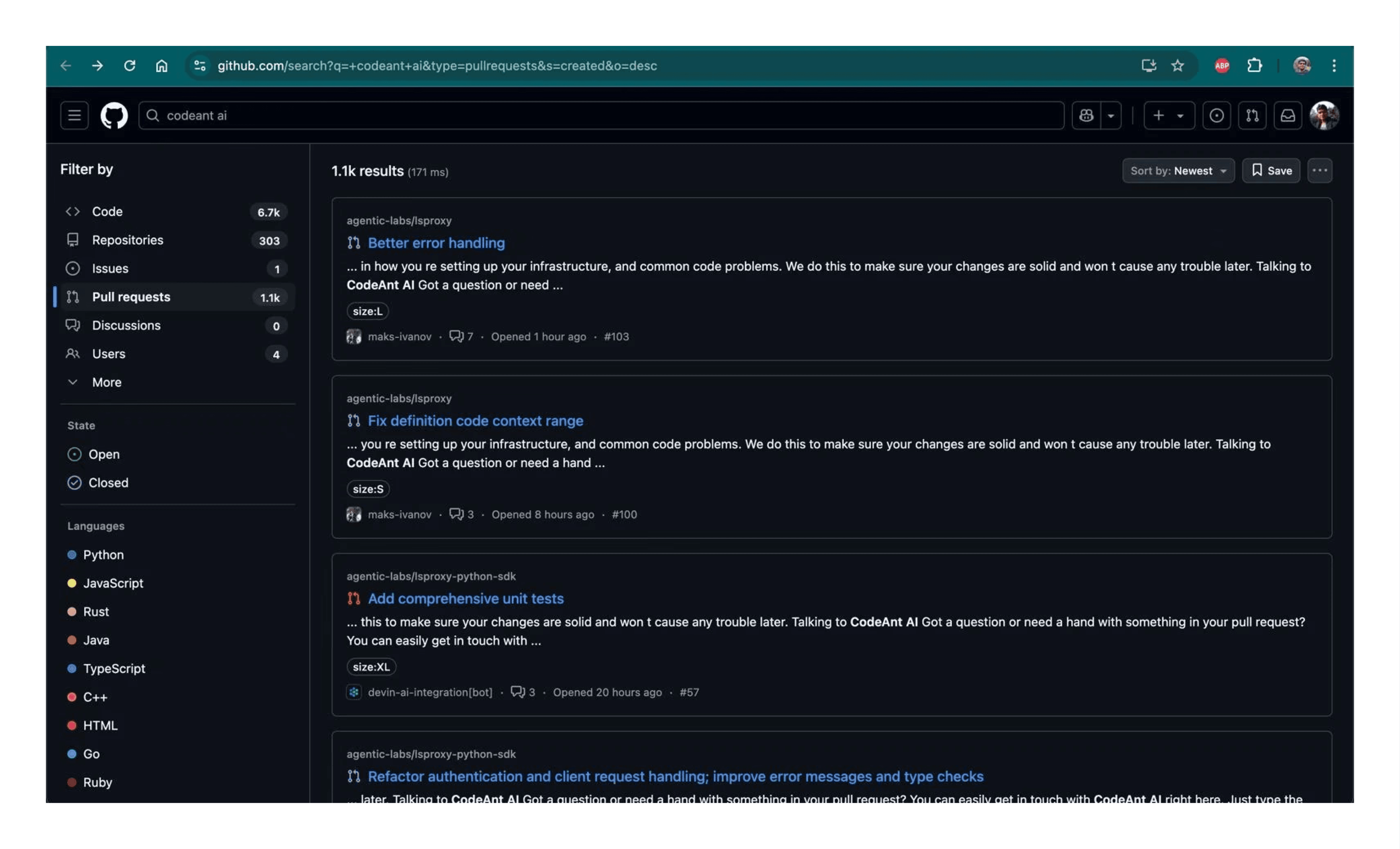 image showing CodeAnt AI's dashboard where you can see AI pull requests