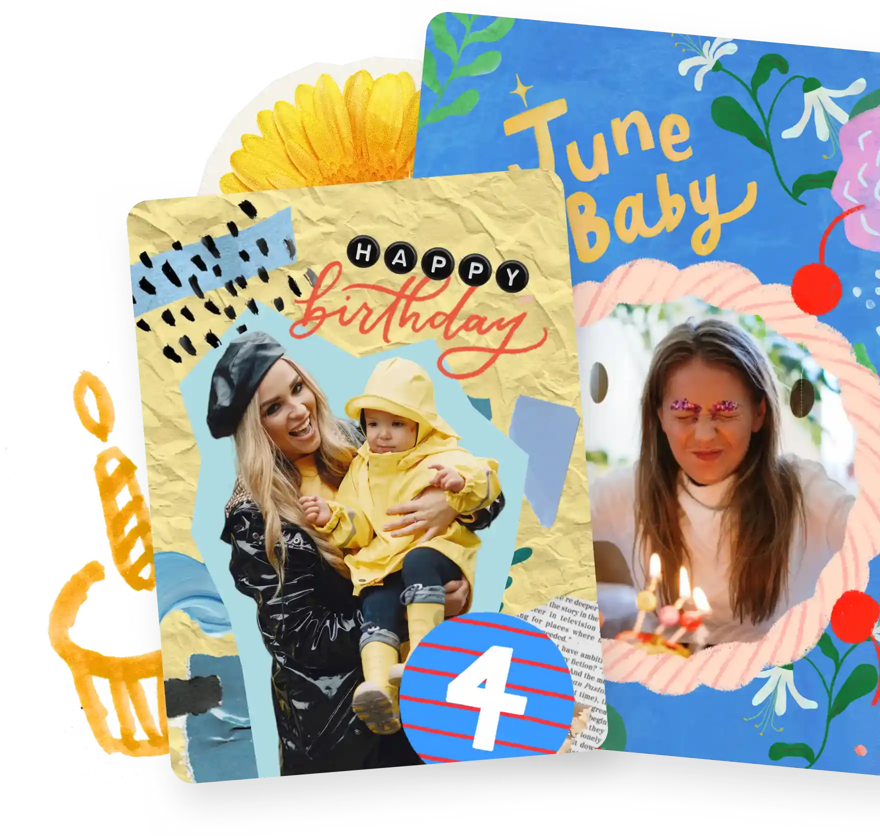 Birthday card with a mom and toddler photo, a blue number 4 badge, and a June Baby card with cherries behind