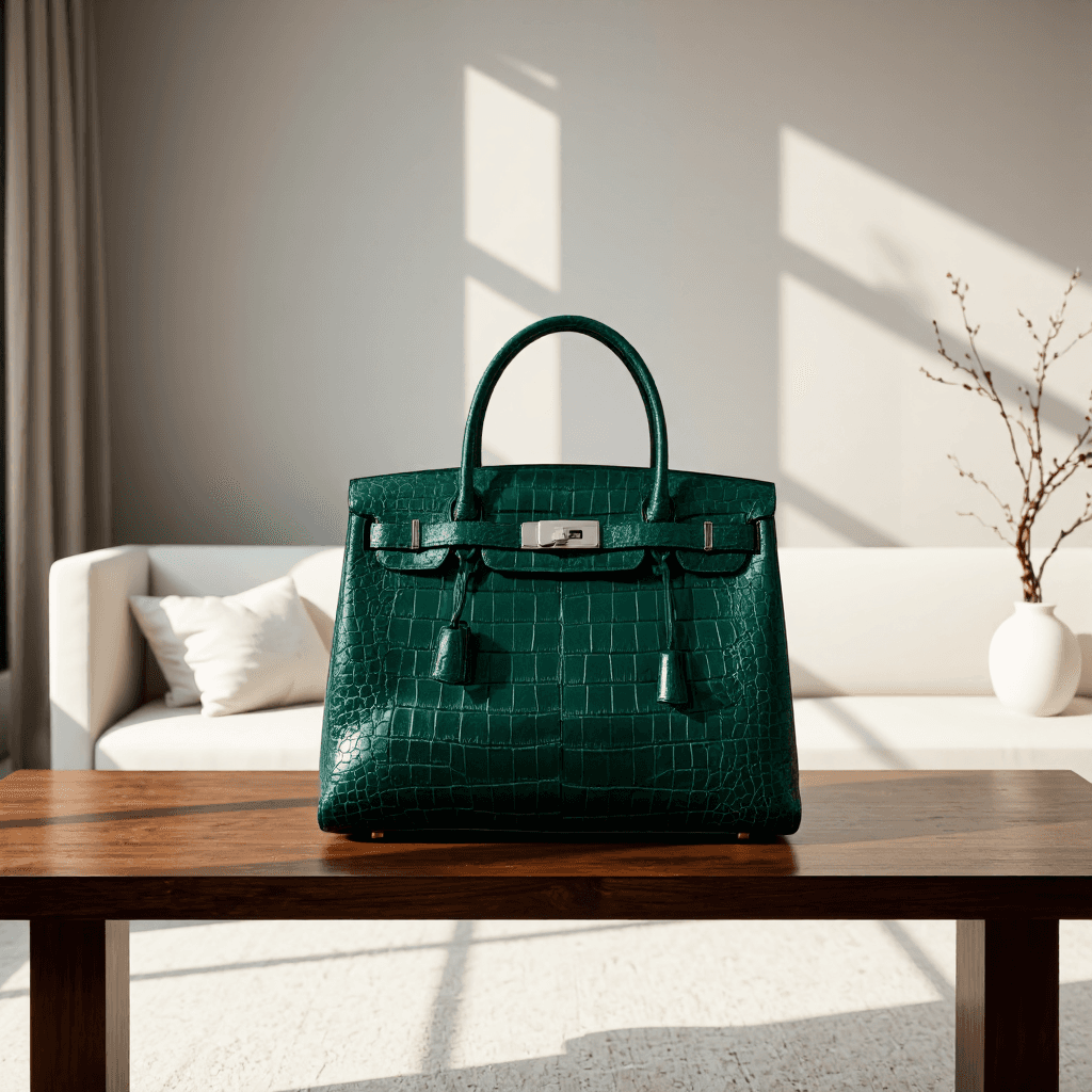 product photography of a green leather handbag with a crocodile texture, designed for carrying personal items