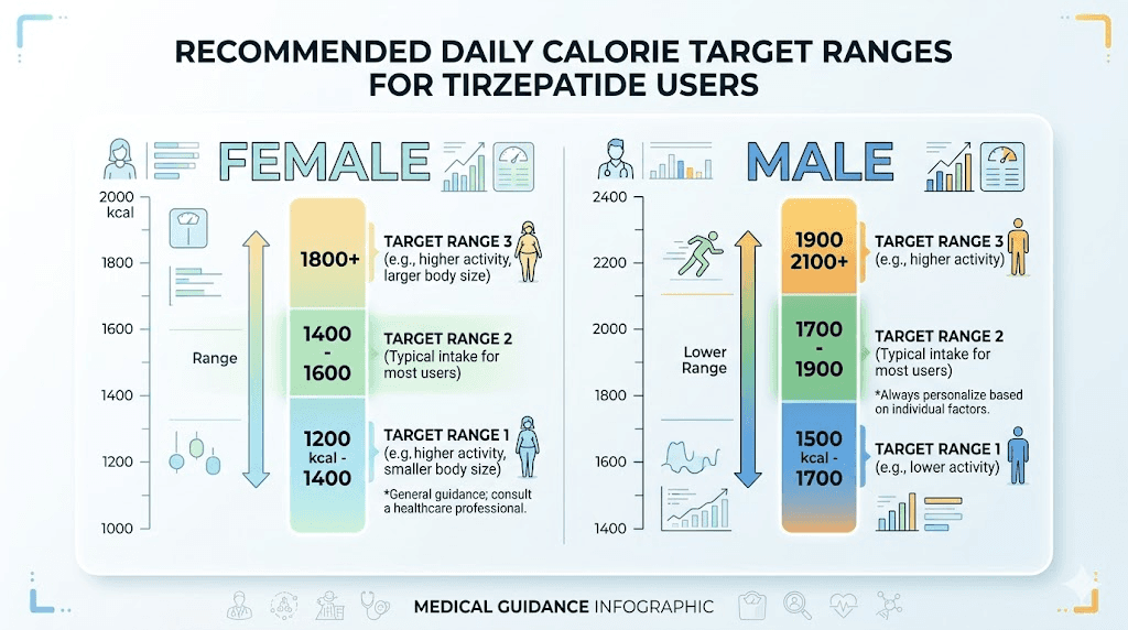 Tirzepatide calorie intake chart showing recommended daily calories by gender