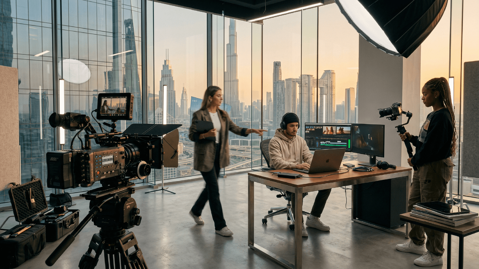 Film and media production team working on a shoot in Dubai with professional camera equipment