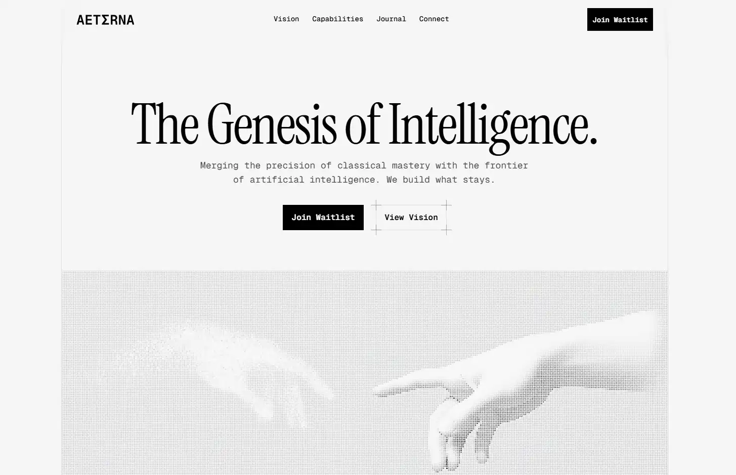 A light-themed landing page for 'Aeterna' featuring the headline 'The Genesis of Intelligence' and an artistic halftone illustration of two hands reaching toward each other.
