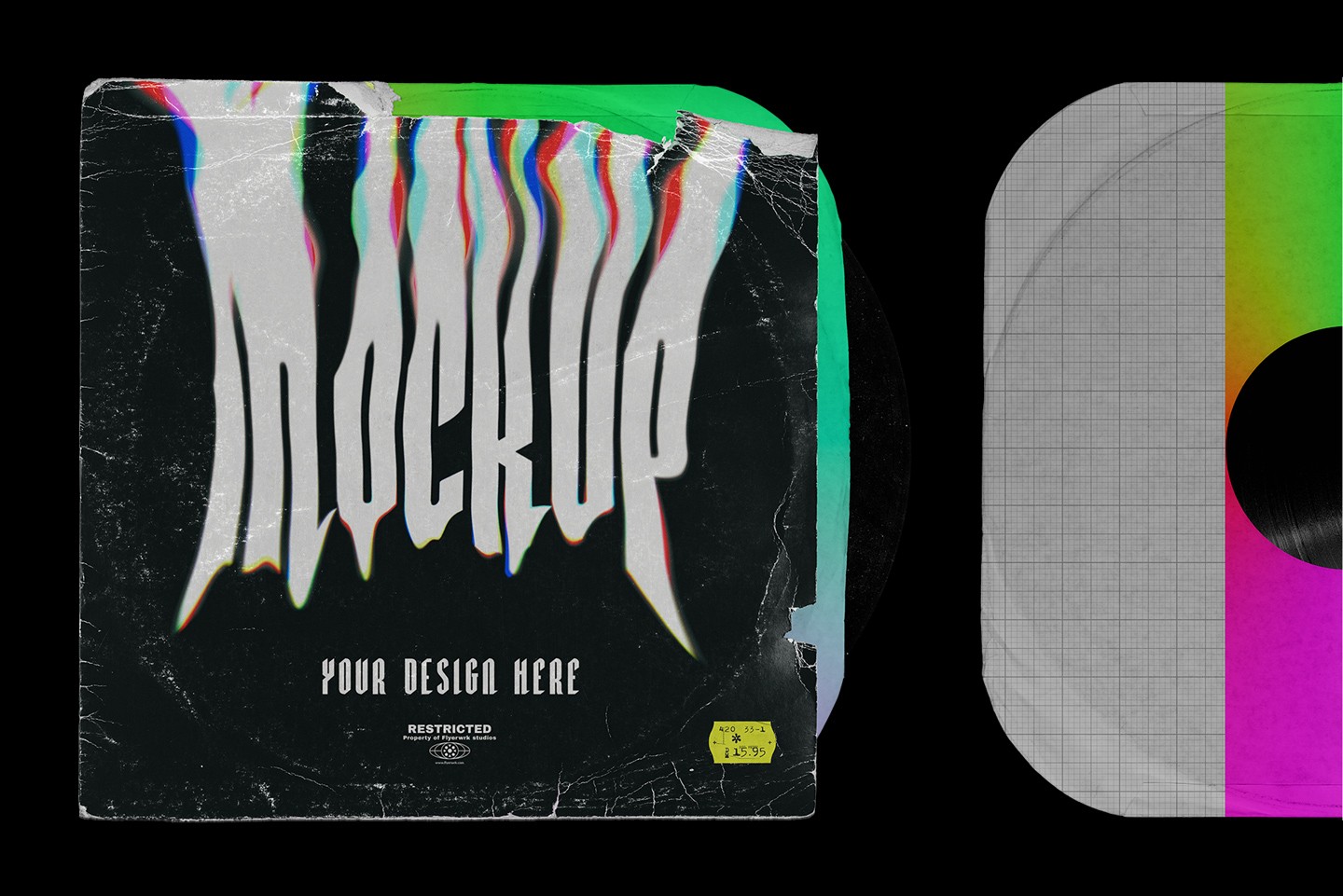 Vinyl record mockup with distorted album artwork preview and visible record sleeve