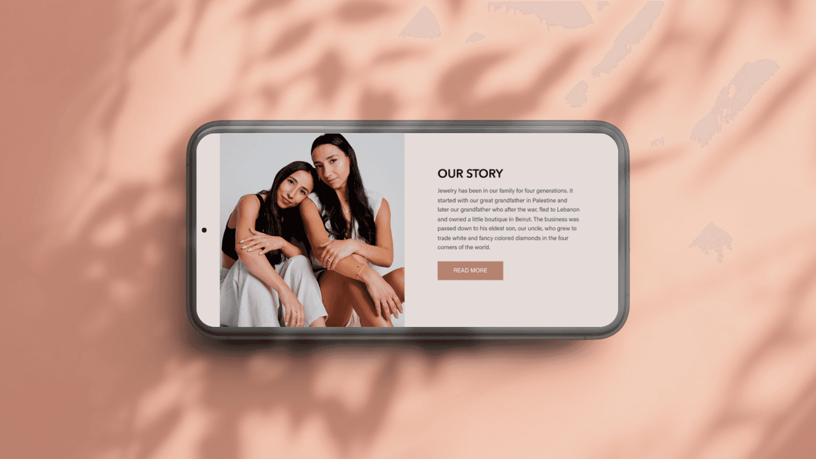 A radiant woman admires her reflection, adorned with Farah Sisters’ timeless fine jewelry crafted to elevate every moment.