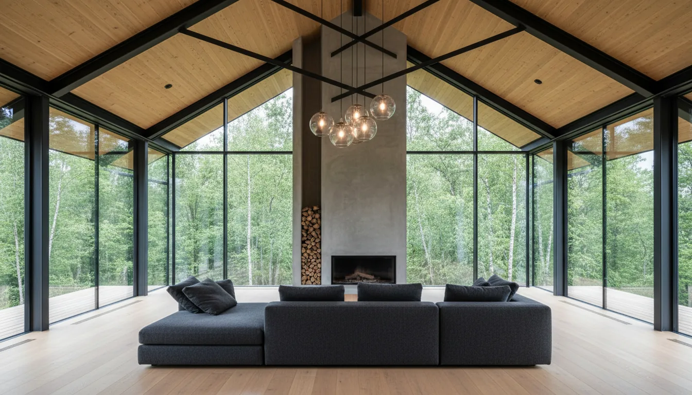 Photorealistic 3D architectural visualization of a modern, open-plan living room with a high vaulted ceiling featuring exposed natural wood planks and structural dark steel beams. A floor-to-ceiling glass wall with black frames looks out onto a lush green forest, filling the room with bright natural daylight. The focal point is a monumental poured concrete fireplace with a vertical niche for stacked firewood. A large, low-profile sectional sofa in charcoal grey fabric sits on light oak wood flooring. A sculptural cluster of pendant lights with smoked glass hangs from the ceiling. Soft global illumination, clean lines, minimalist Scandinavian aesthetic.