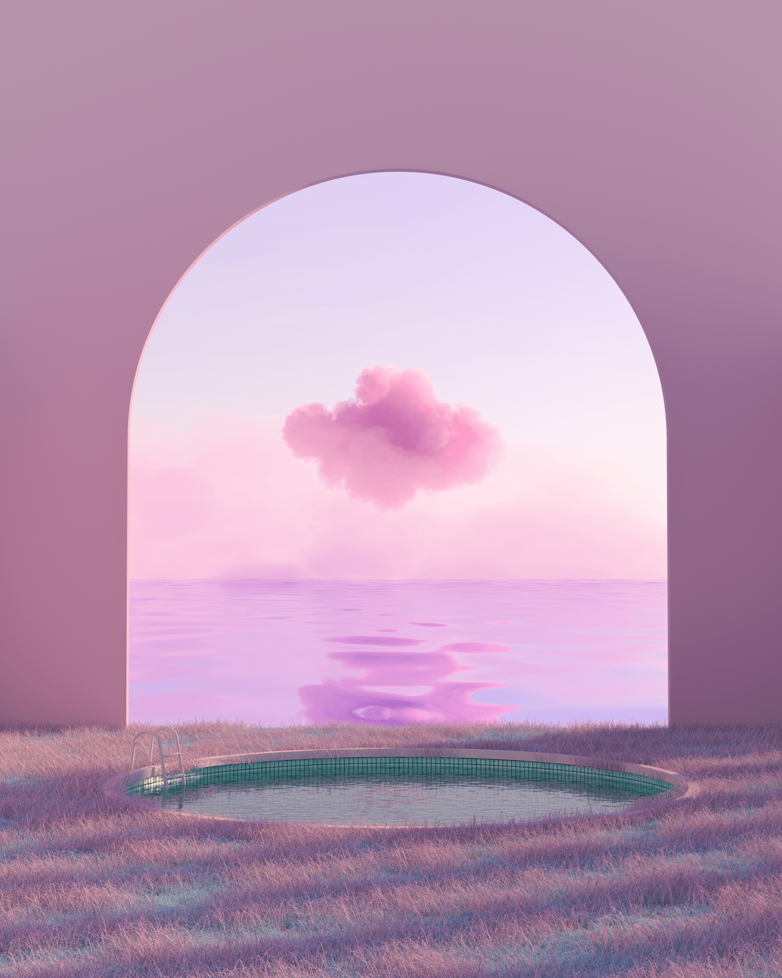 An arc with a view of the ocean and a cloud floating on top