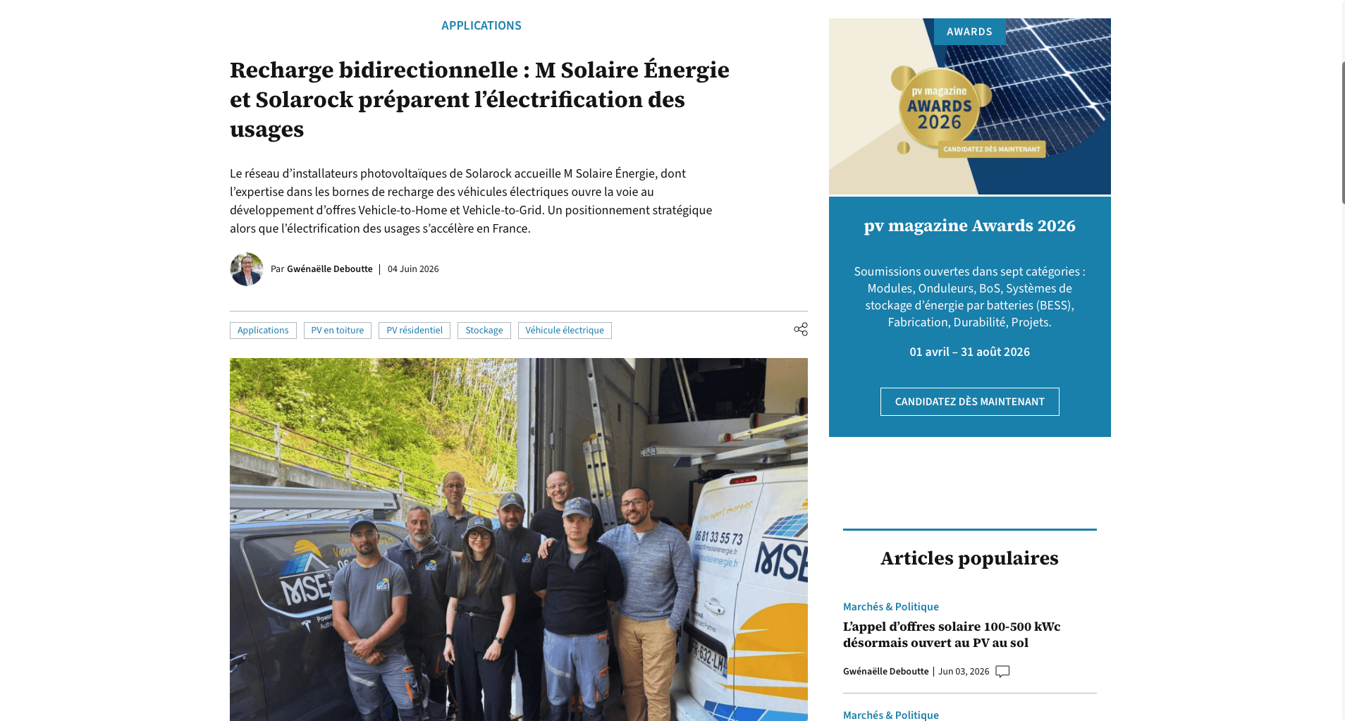 Photo du journal pv magazine qui a fait un article sur Solarock suite à l'annonce de son nouveau powered by, M Solaire Énergie