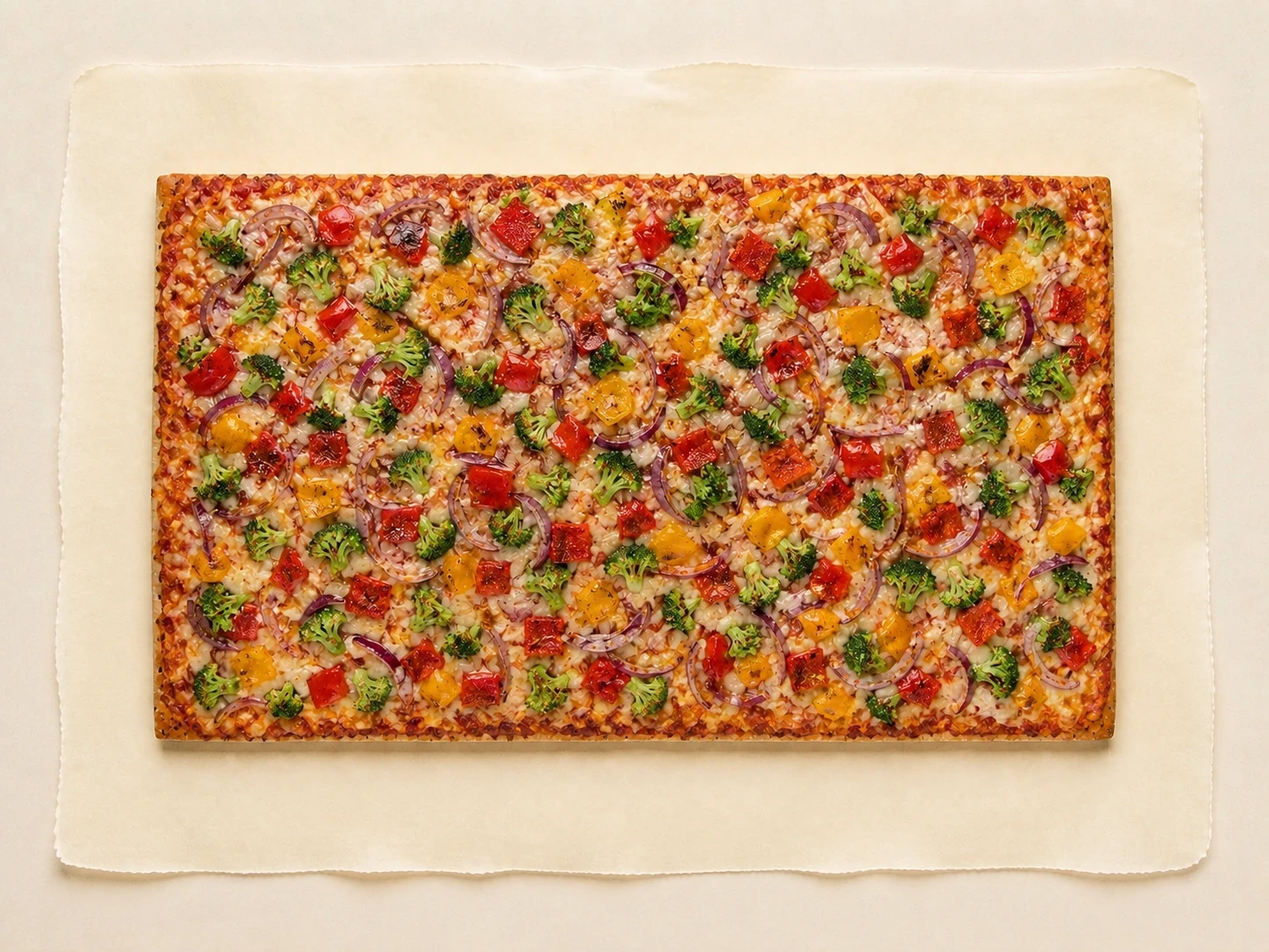Rechthoekige plaatpizza van Mangia Bene belegd met paprika, tomaat en kaas, van bovenaf gefotografeerd