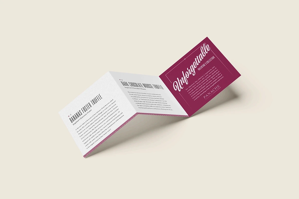 Z-fold design for Panache Chocolatier's 2021 Valentine's Day truffle collection 'Unforgettable,' featuring a spanning script font, pink color palette, and tall sans-serif font.