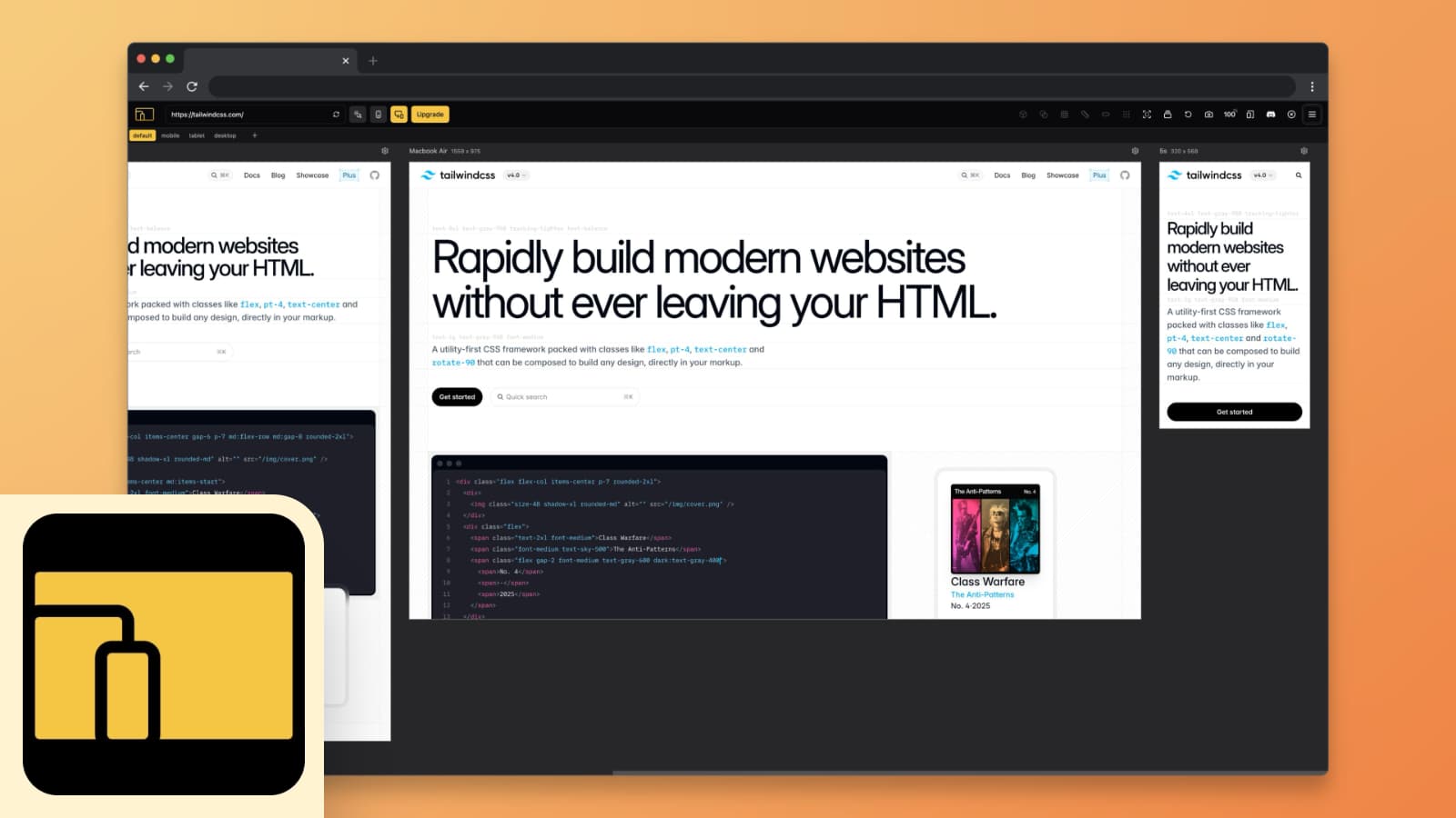 Responsive viewer browser extension showcasing the Tailwind CSS homepage in three different screen sizes – mobile, tablet, and desktop – within a single dark-themed interface. Each screen displays how the website adapts responsively, including headline text, buttons, and code snippets. In the bottom-left corner, a logo features three overlapping device icons on a yellow background, representing responsive design.
