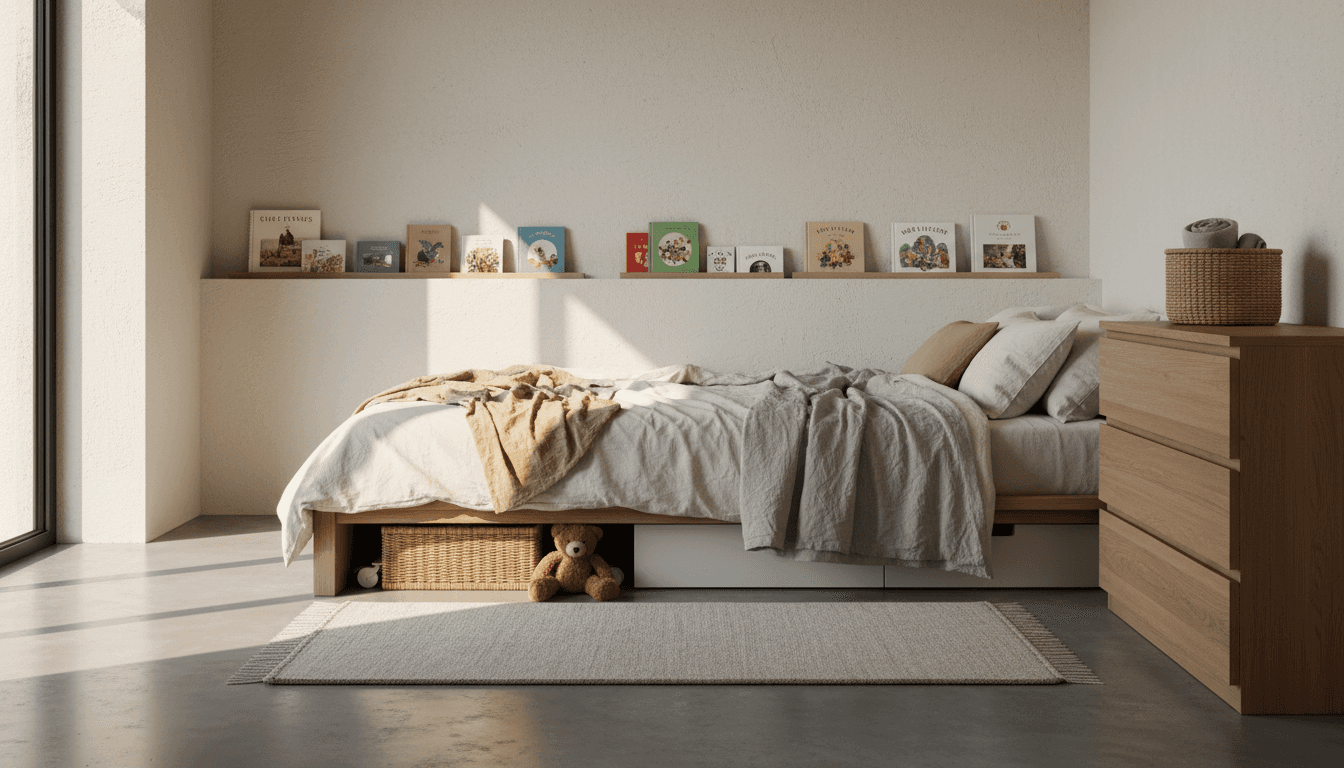 Minimalist cozy bedroom with natural light, wooden bed frame, neutral bedding, children’s books on a shelf, wicker basket, and a teddy bear under the bed. Modern Scandinavian interior design inspiration.