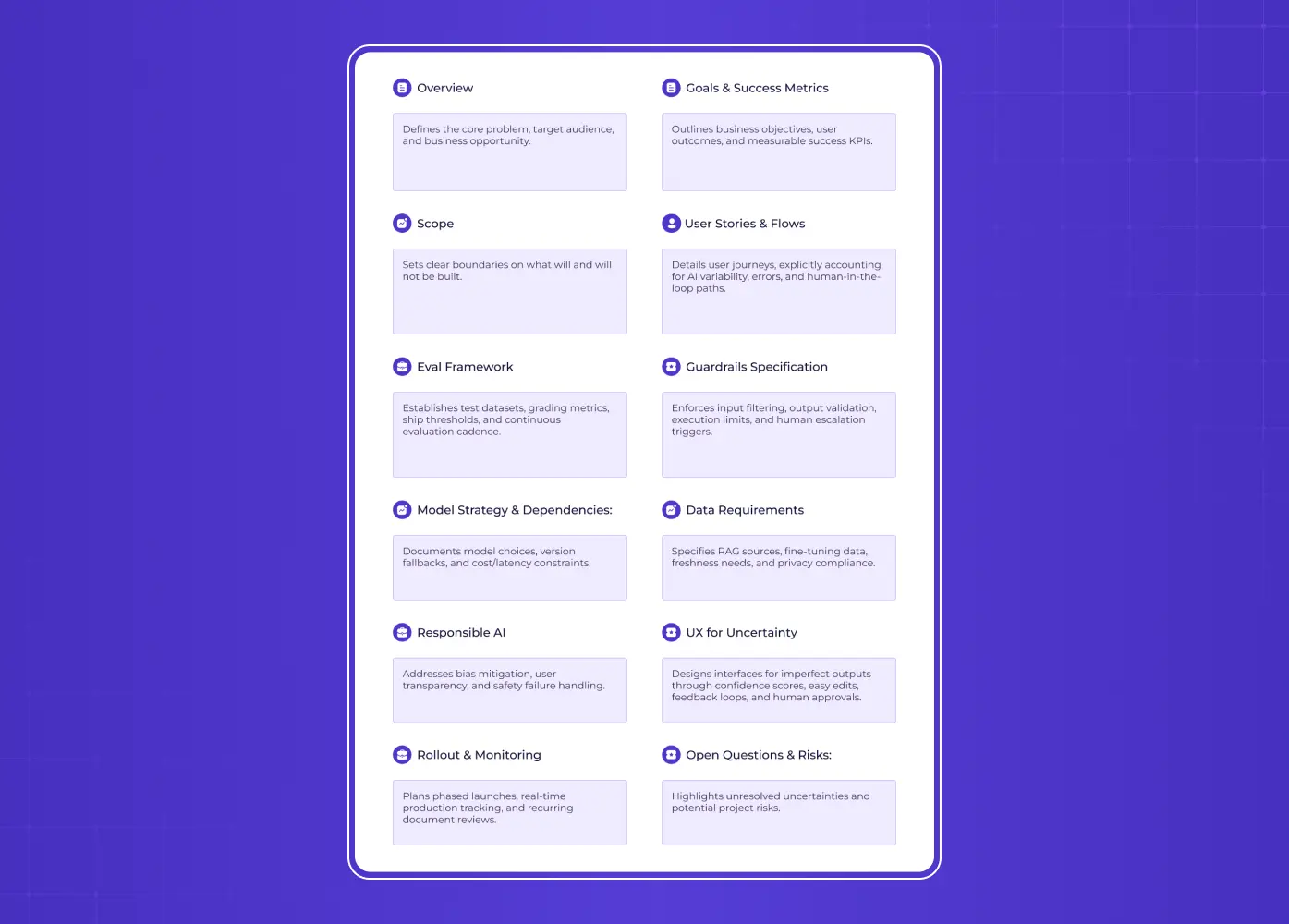 Purple-themed illustration showing a person interacting with a large browser interface containing a grid of placeholder cards. 