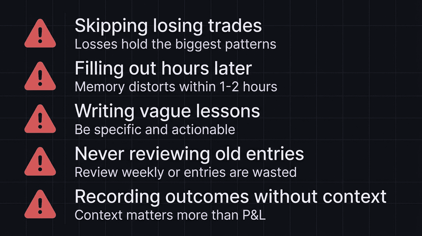 Checklist of five journal mistakes with red warning indicators