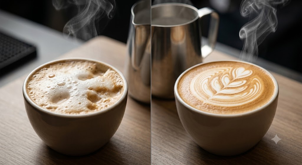 A visual summary infographic in a modern line-art style comparing almond and oat milk for coffee. The image is split into two panels: left for 'ALMOND MILK' (thin foam, visual collapsing bubbles, nut texture, clean title) and right for 'OAT MILK' (dense microfoam, microfoam pattern, grain texture, detailed title). Both panels feature realistic food textures.
