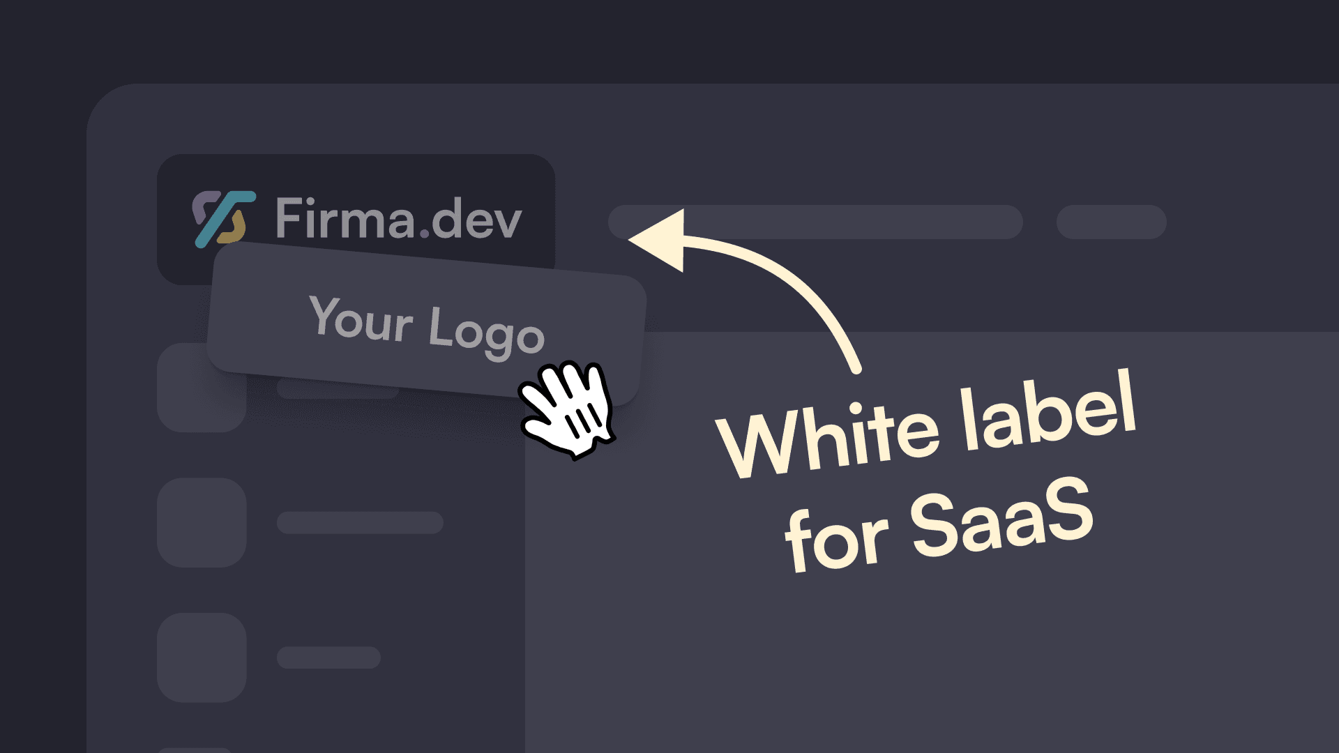 Alt-Text: "Eine dunkle Benutzeroberfläche zeigt 'Firma.dev' mit einem Pfeil auf ein Logo, das mit 'Ihr Logo' beschriftet ist. Der Text lautet 'White Label für SaaS' in einer hellen Schriftart."