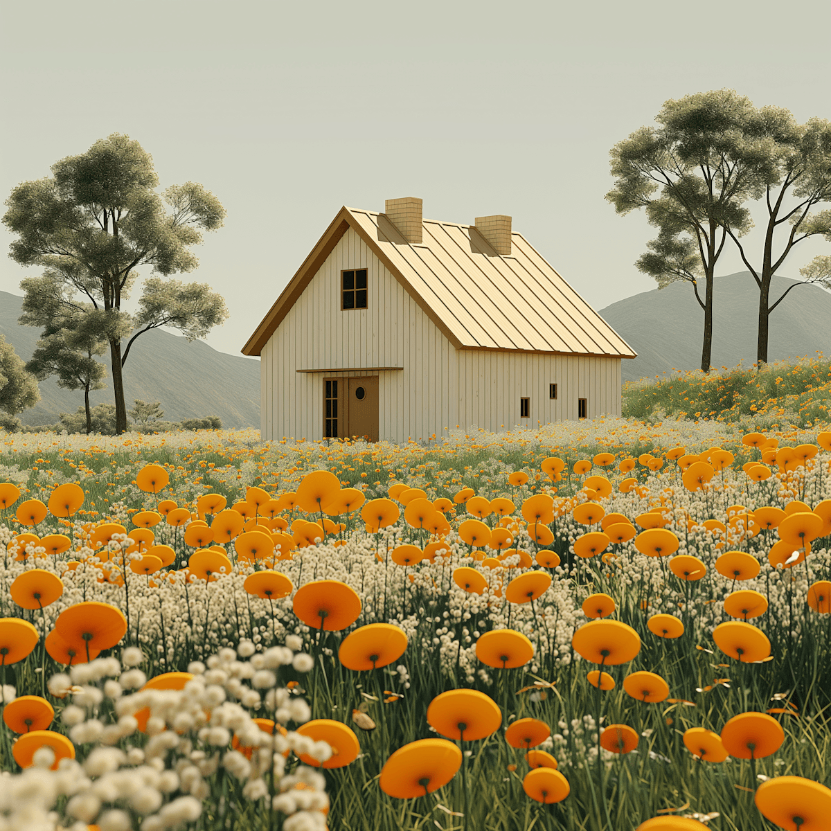 A quaint house surrounded by colorful flowers under a soft, muted sky with distant trees in the background.