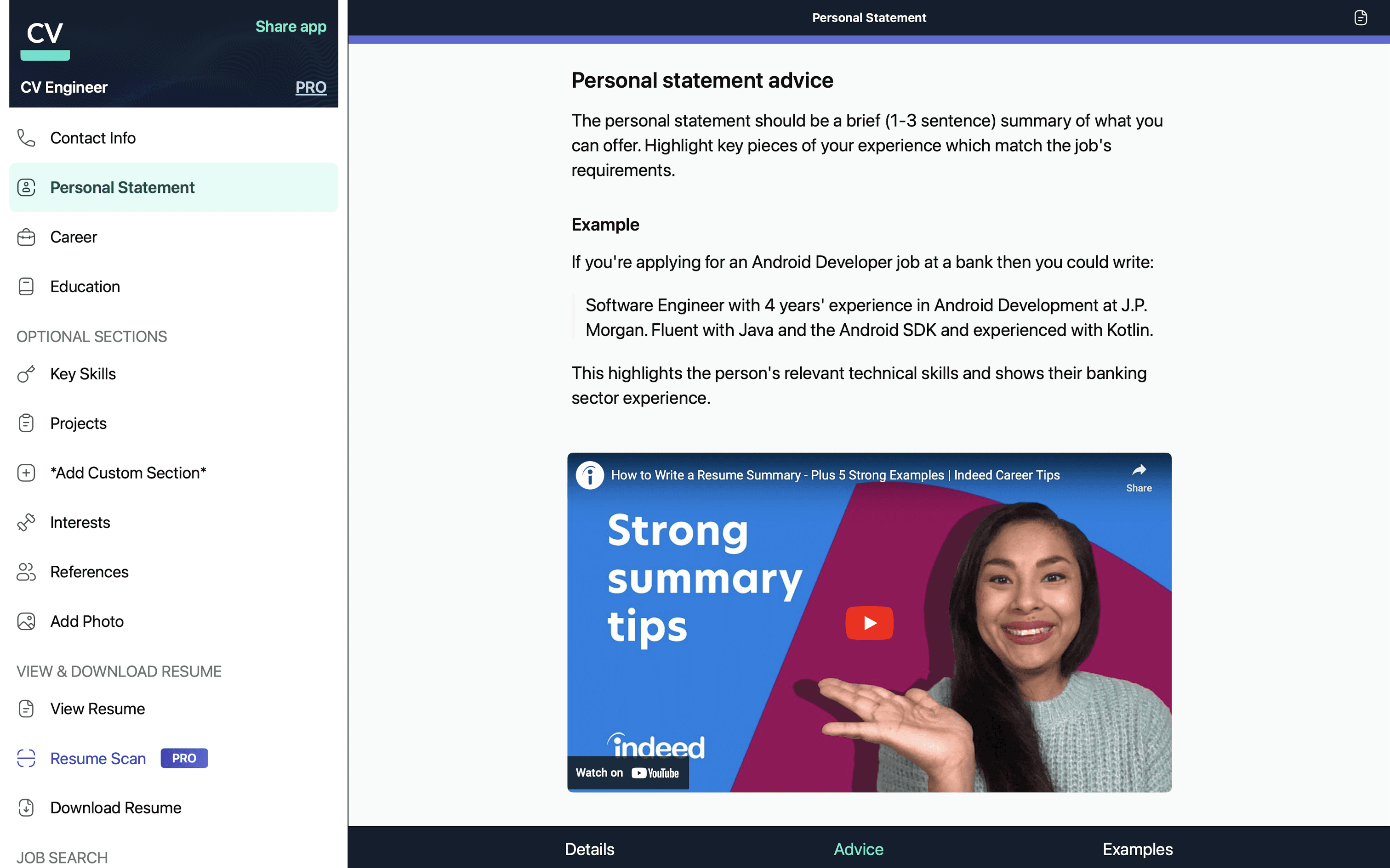 Personal Statement advice screen on the CV Engineer macOS app