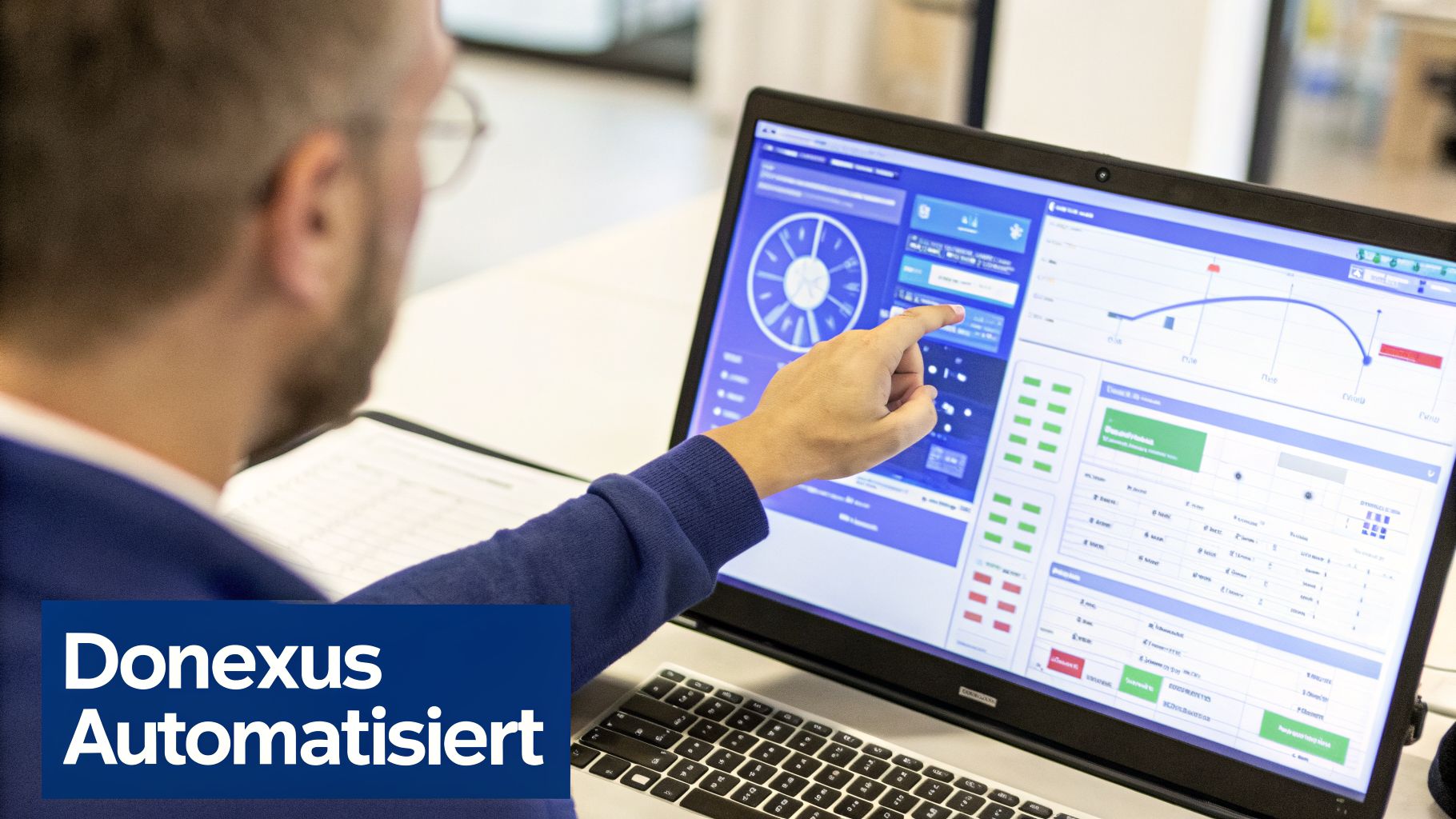 Eine Person zeigt auf einen Laptop-Bildschirm mit einem Dashboard für Prozessautomatisierung. Donexus Automatisiert.