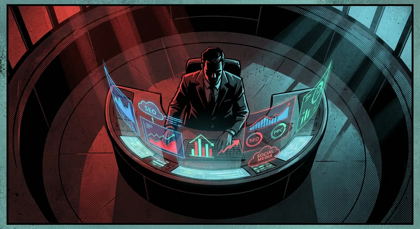 Man at digital console with graphs, SEO, RockN' Socials, Digital Marketing Agency.