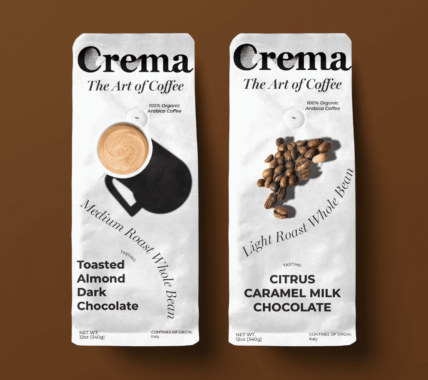 Crema coffee packaging design featuring two bags with minimal layout and coffee imagery, created by Morning Studio | LA