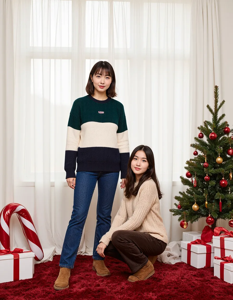 Two women in cozy sweaters posing by Christmas tree with presents in festive holiday portrait setting