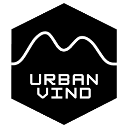 UrbanVind Logo, public transport demand curve with two peaks, white on black background