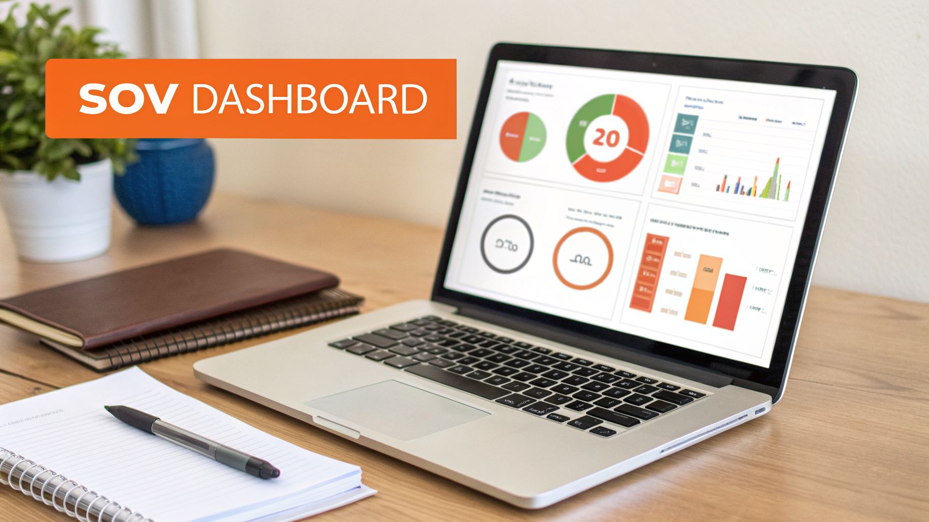 A laptop displays an SOV dashboard with charts and graphs on a clean wooden desk setup.