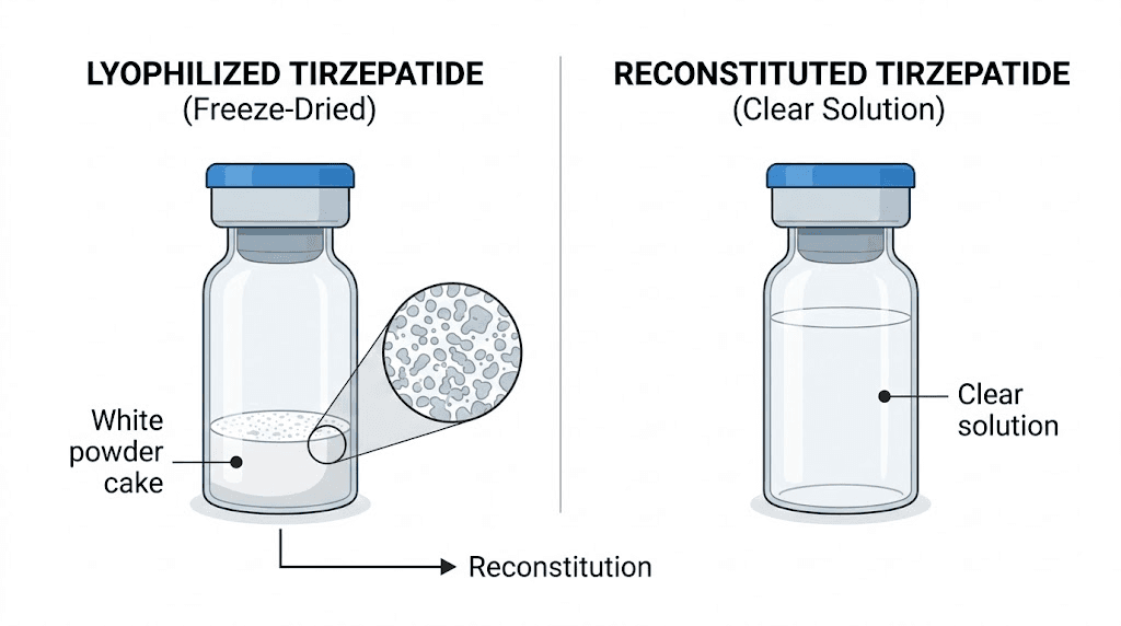 Lyophilized tirzepatide powder vial compared to reconstituted liquid tirzepatide solution