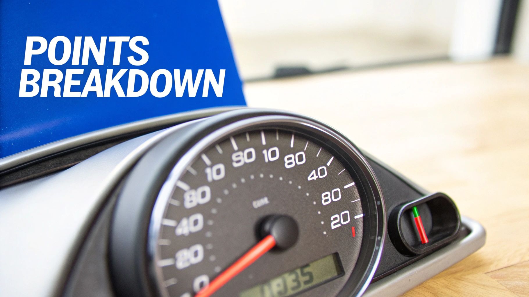 A close-up of a vehicle speedometer and gauge, with 'POINTS BREAKDOWN' text on a blue banner.