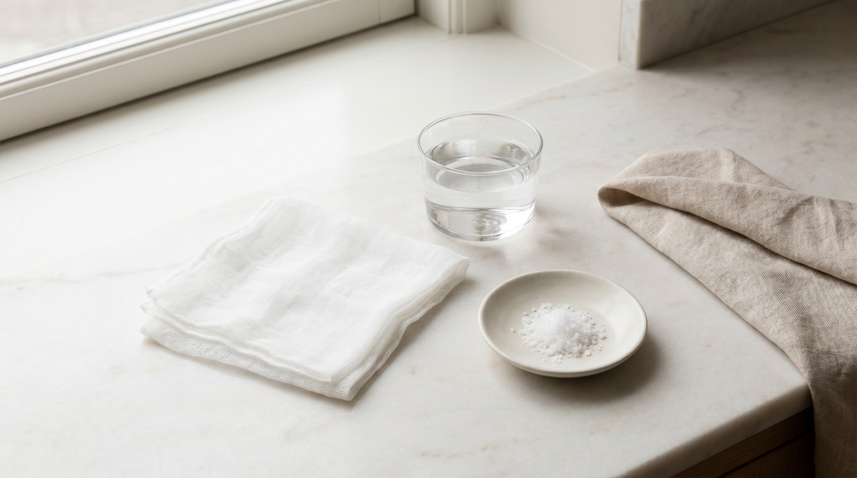Clean white gauze, a glass of water, and a small bowl of salt on a marble counter in soft morning light