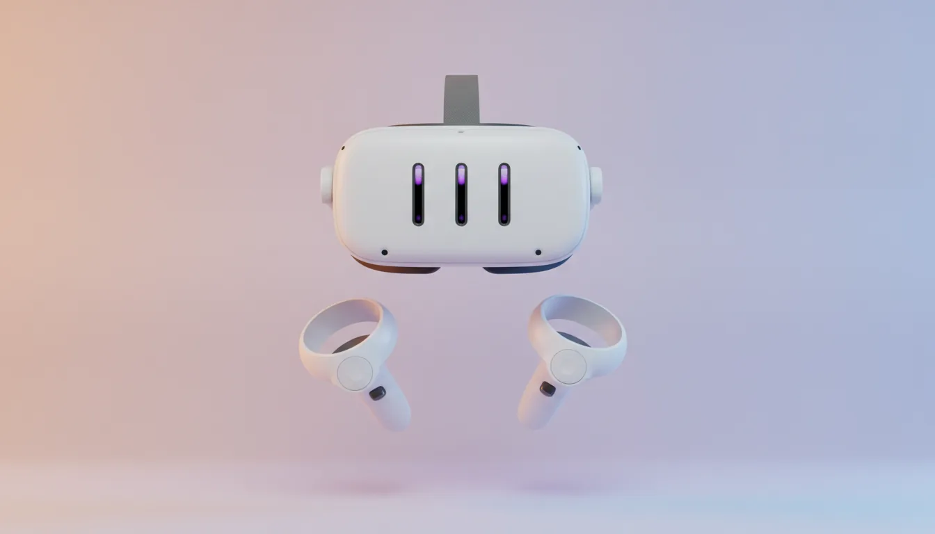 3D render of a futuristic white VR headset and two controllers, minimalist product shot, Blender style. The hardware is made of smooth matte white plastic with dark grey details. The headset is centered and floating, with three vertical front-facing sensors with a purple lens sheen. The controllers float below it. Soft global illumination creates gentle highlights. The background is a clean, bright studio backdrop with a soft gradient from pale orange to lavender to light blue.