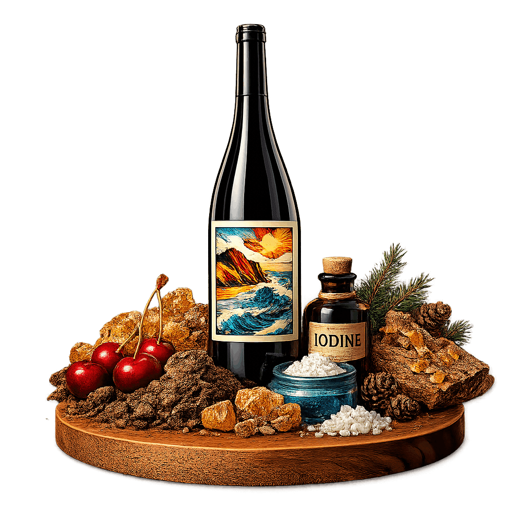 Artistic label and flavor profile for Portuguese Colares Ramisco on a rustic wooden table.