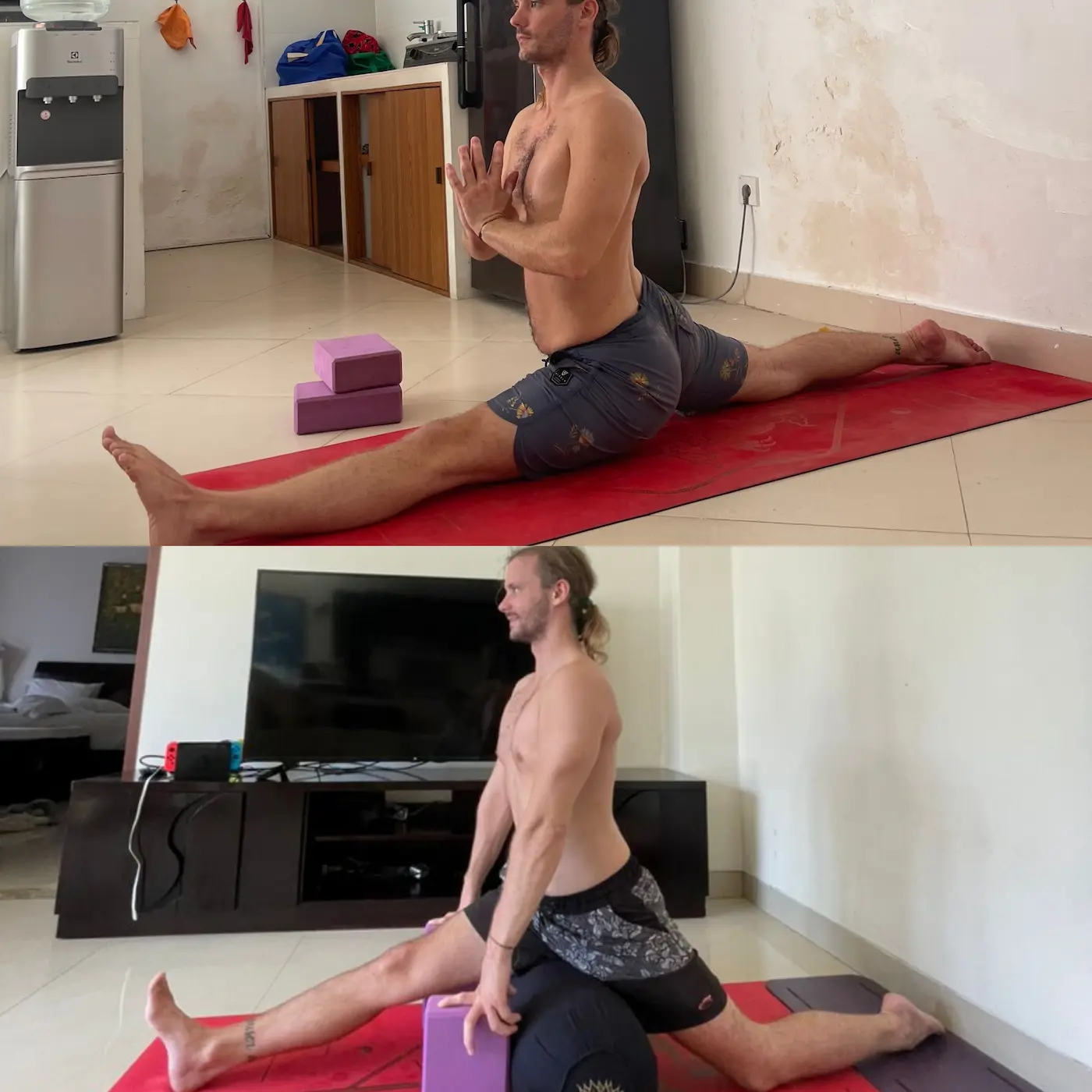 Male student practicing front splits (Hanumanasana) with blocks and bolsters to improve alignment and flexibility.